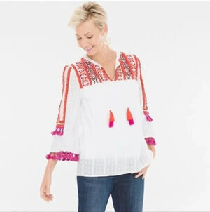 Chicos Tassel Embroidery Top 3/4 Sleeve Semi Sheer(1)Medium